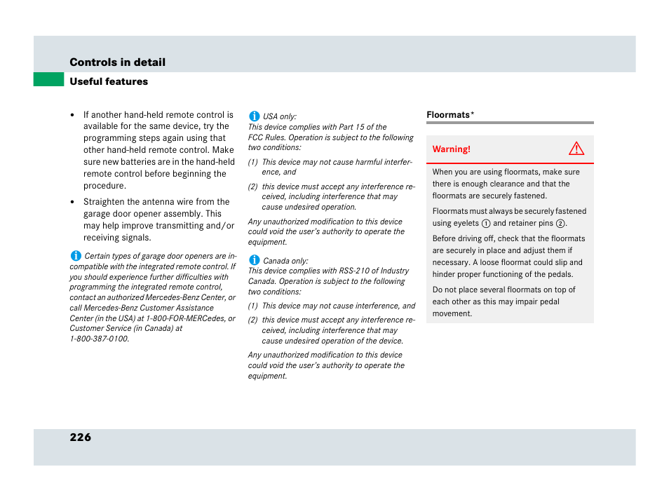 Floormats | Mercedes-Benz SLR-Class 2007 User Manual | Page 227 / 425