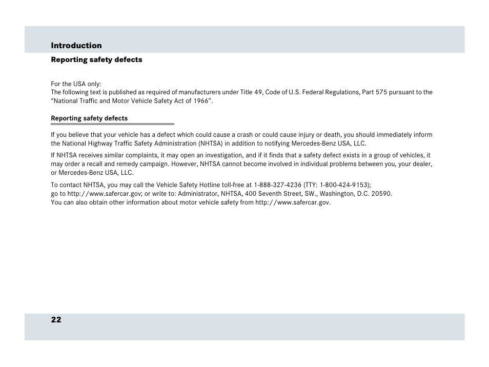 Reporting safety defects | Mercedes-Benz SLR-Class 2007 User Manual | Page 23 / 425