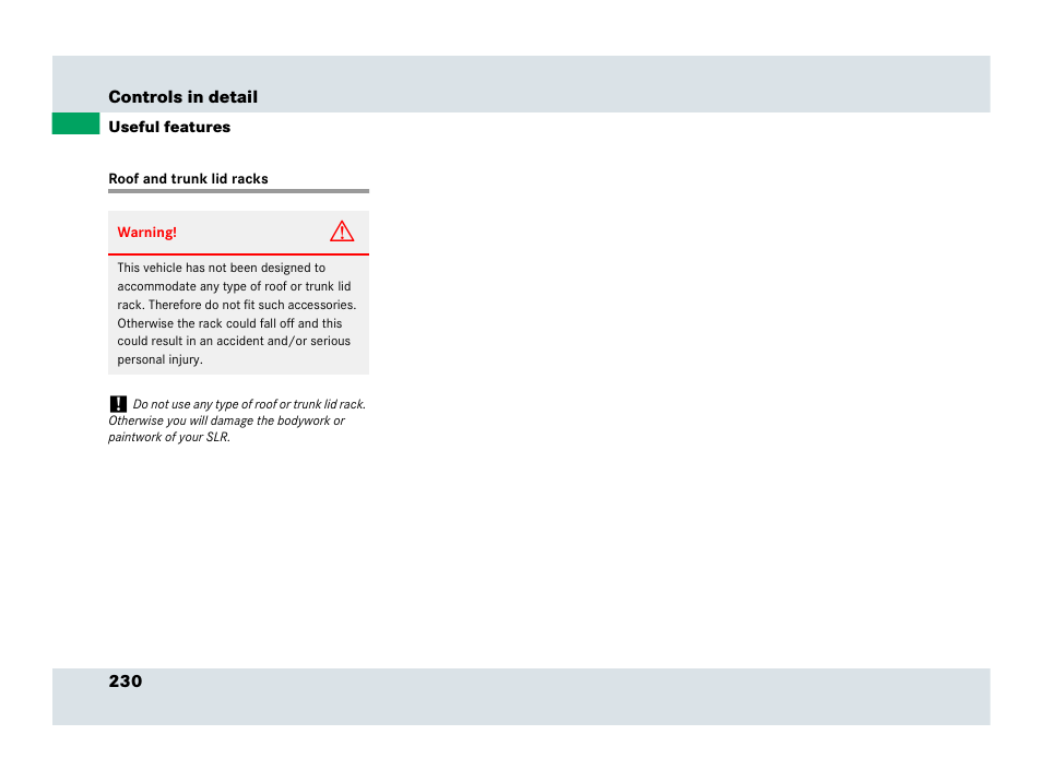 Vehicle loading:roof and trunk lid racks, Roof and trunk lid racks | Mercedes-Benz SLR-Class 2007 User Manual | Page 231 / 425