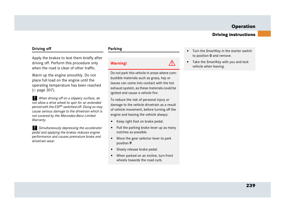 Driving off, Parking, Driving off parking | 239 operation | Mercedes-Benz SLR-Class 2007 User Manual | Page 240 / 425