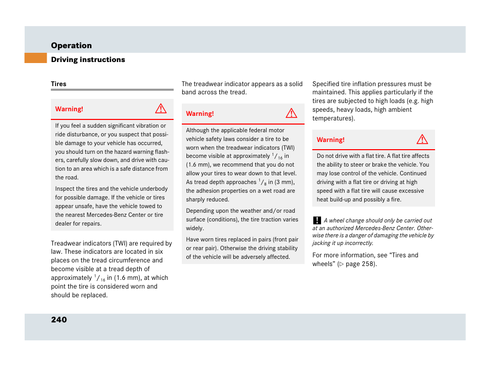 Tires, 240 operation | Mercedes-Benz SLR-Class 2007 User Manual | Page 241 / 425