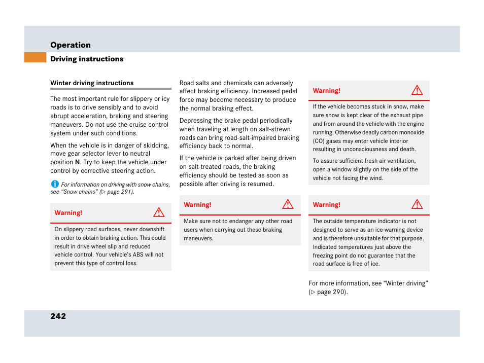Winter driving instructions | Mercedes-Benz SLR-Class 2007 User Manual | Page 243 / 425
