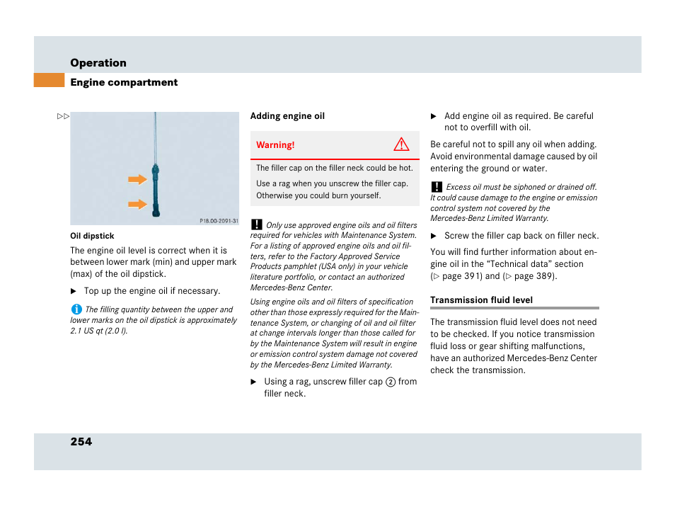 Automatic transmission fluid, Transmission fluid level | Mercedes-Benz SLR-Class 2007 User Manual | Page 255 / 425