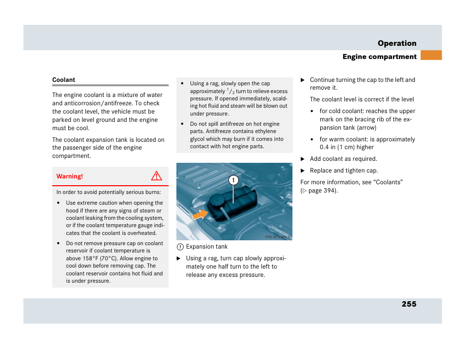 Coolant, See “coolant, 255 operation | Mercedes-Benz SLR-Class 2007 User Manual | Page 256 / 425