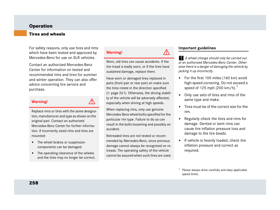 Tires and wheels, Important guidelines, 258 operation | Mercedes-Benz SLR-Class 2007 User Manual | Page 259 / 425