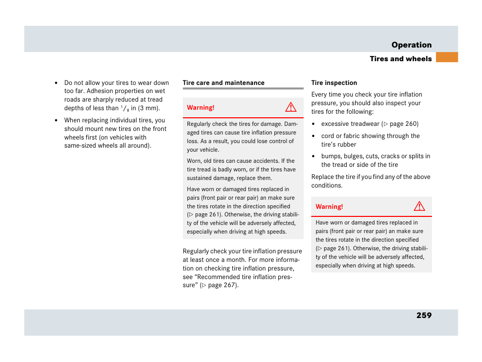 Tires care and maintenance, Tire care and maintenance, 259 operation | Mercedes-Benz SLR-Class 2007 User Manual | Page 260 / 425