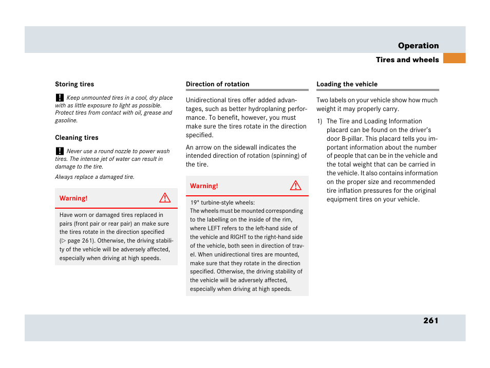 Direction of rotation, tires, Vehicle loading, Direction of rotation loading the vehicle | Mercedes-Benz SLR-Class 2007 User Manual | Page 262 / 425