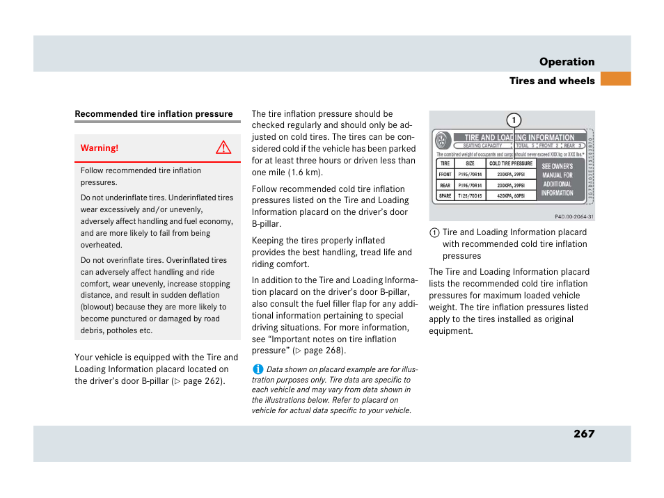 Recommendet tire inflation pressure, Recommended tire inflation pressure, See “recommended tire inflation pres- sure | Mercedes-Benz SLR-Class 2007 User Manual | Page 268 / 425