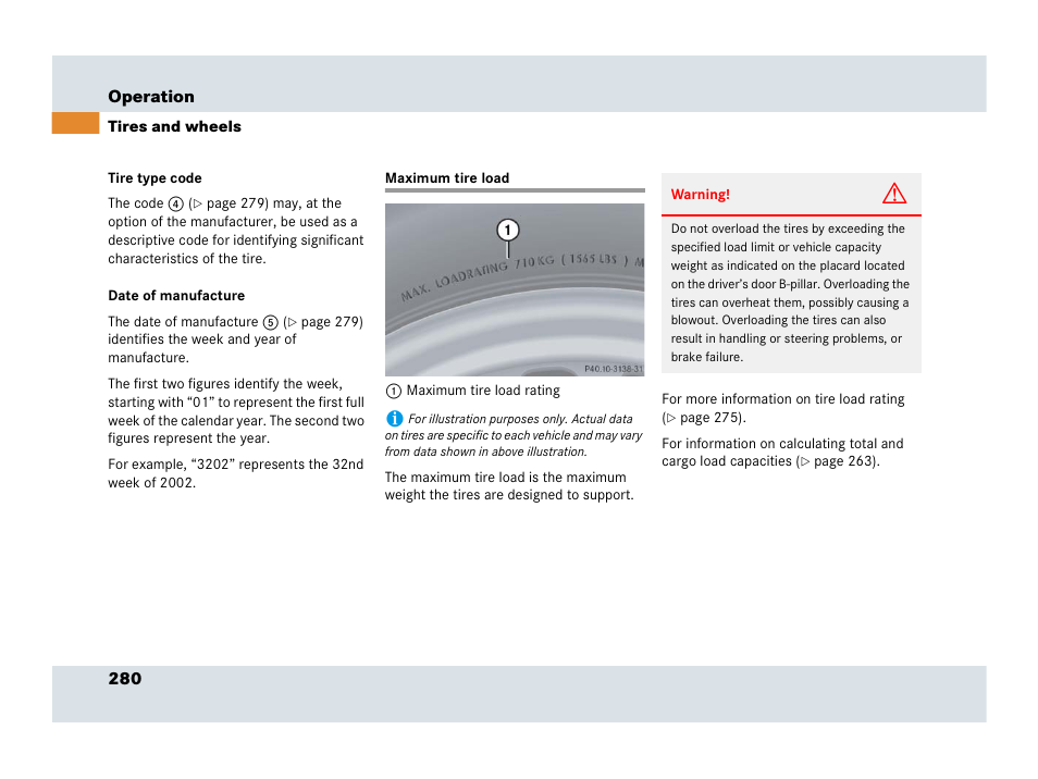 Maximum tire load | Mercedes-Benz SLR-Class 2007 User Manual | Page 281 / 425