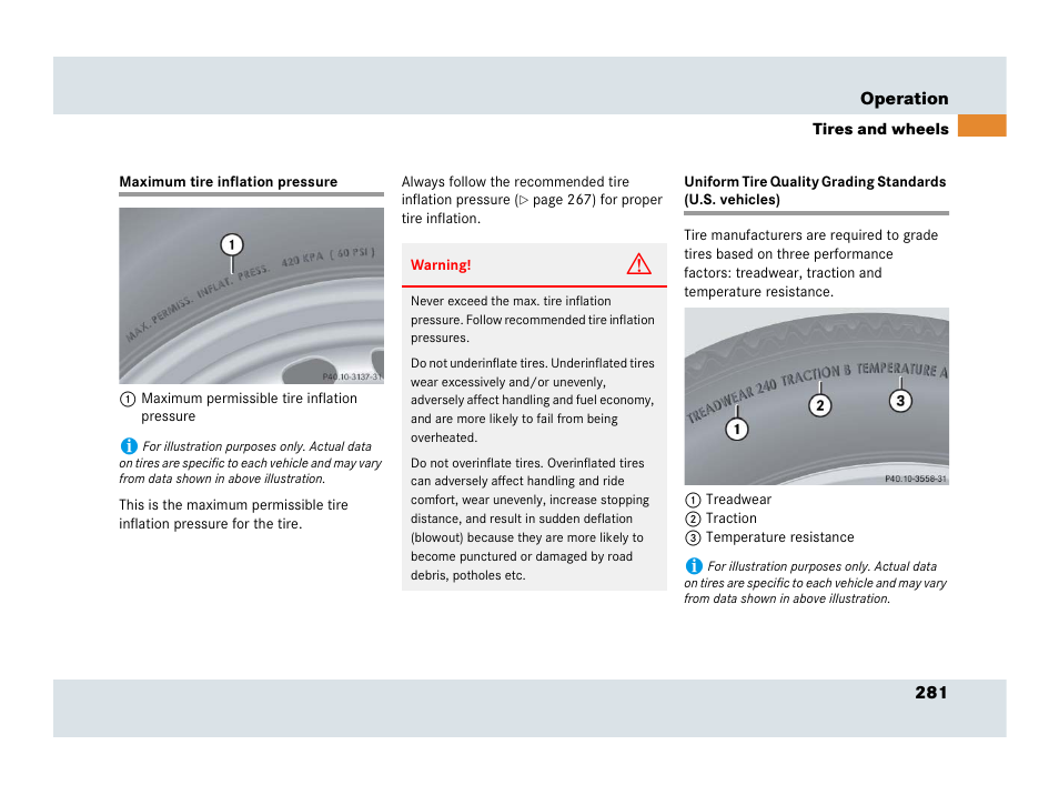 Maximum tire inflation pressure, Uniform tire quality grading standards | Mercedes-Benz SLR-Class 2007 User Manual | Page 282 / 425