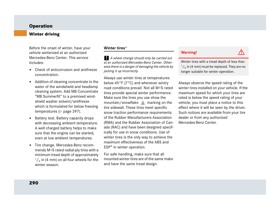 Winter driving, Tires:winter, Winter tires | See “winter tires, On, see “winter driving, 290 operation | Mercedes-Benz SLR-Class 2007 User Manual | Page 291 / 425