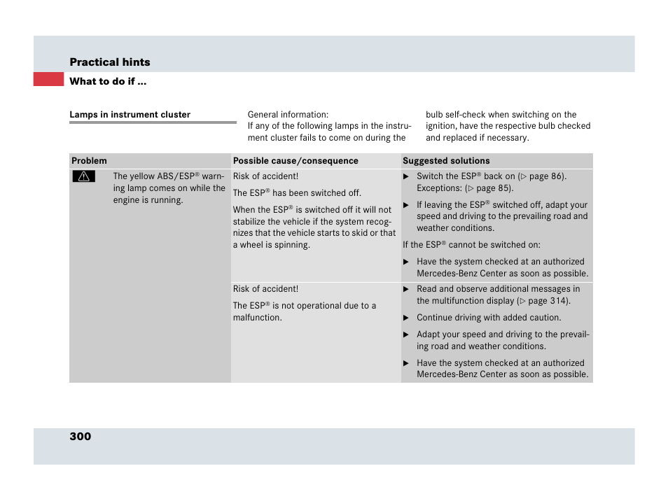 Lamps in instrument cluster, What to do if, See “lamps in instrument clus- ter | 300 practical hints | Mercedes-Benz SLR-Class 2007 User Manual | Page 301 / 425