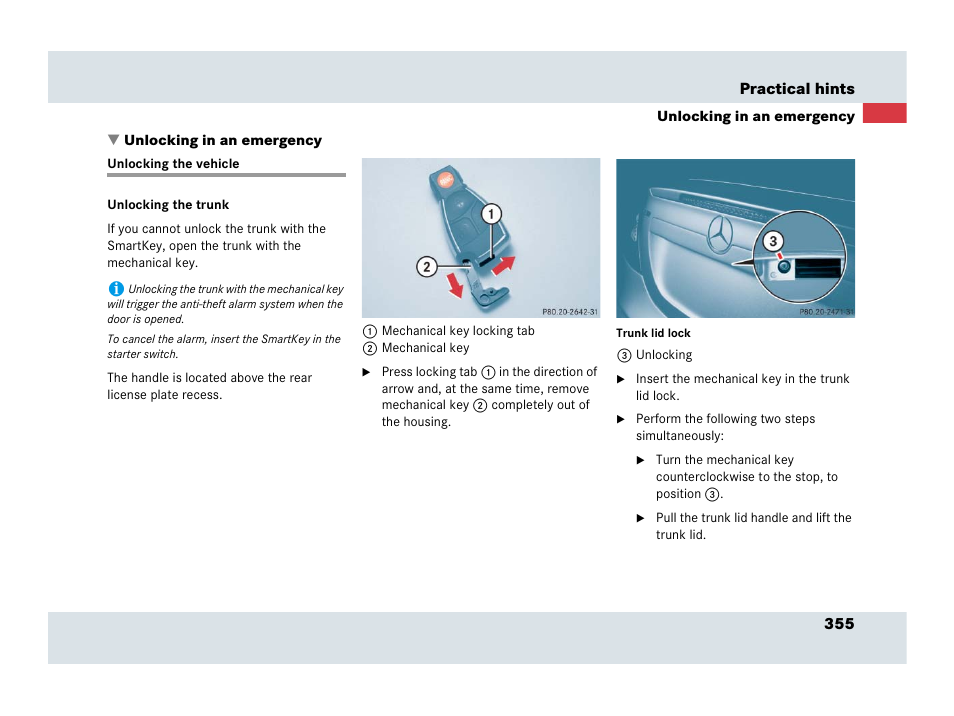 Unlocking in an emergency, Unlocking the vehicle | Mercedes-Benz SLR-Class 2007 User Manual | Page 356 / 425