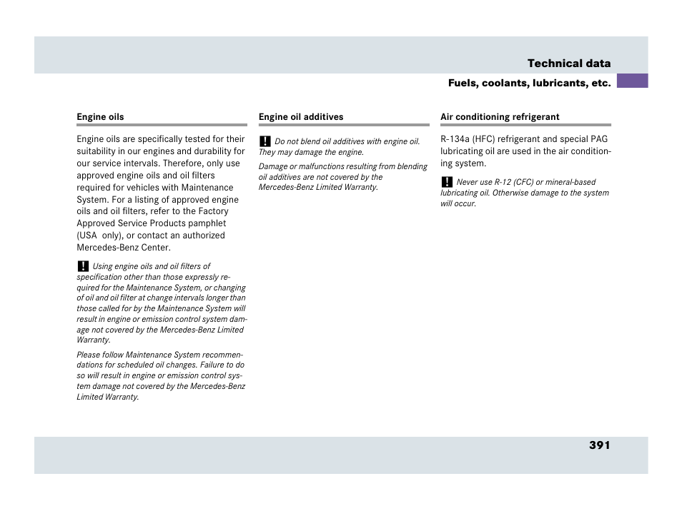 Engine oils, Engine oil additives, Air conditioning refrigerant | Mercedes-Benz SLR-Class 2007 User Manual | Page 392 / 425