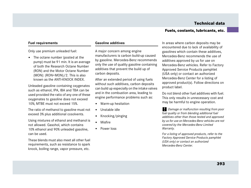 Fuel requirements, Gasoline additives, Fuel requirements gasoline additives | Mercedes-Benz SLR-Class 2007 User Manual | Page 394 / 425