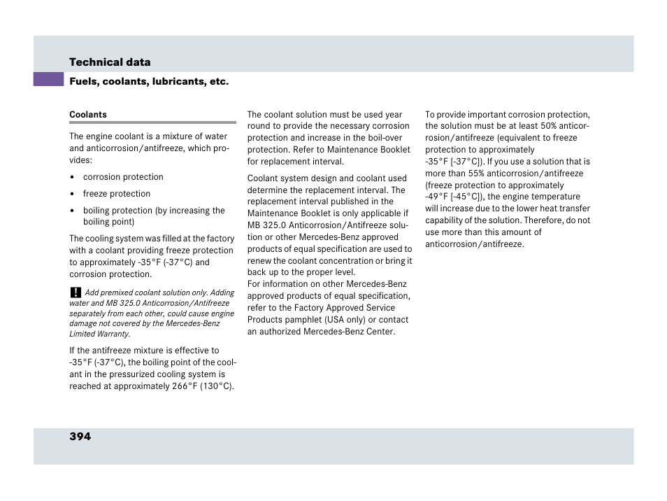 Coolants | Mercedes-Benz SLR-Class 2007 User Manual | Page 395 / 425