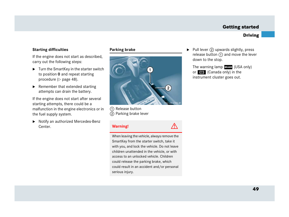 Parking brake | Mercedes-Benz SLR-Class 2007 User Manual | Page 50 / 425