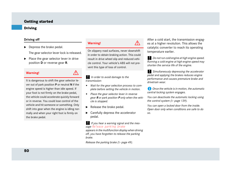 Driving, Driving off | Mercedes-Benz SLR-Class 2007 User Manual | Page 51 / 425