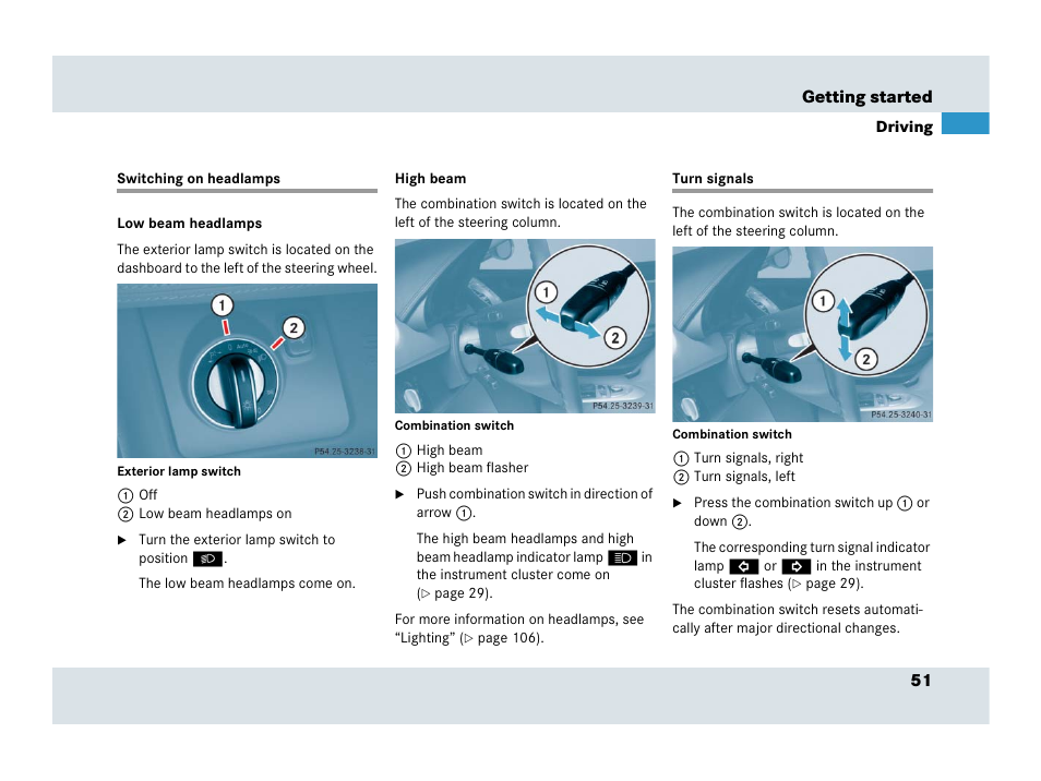 Switching on headlamps, Turn signals, Switching on headlamps turn signals | Mercedes-Benz SLR-Class 2007 User Manual | Page 52 / 425
