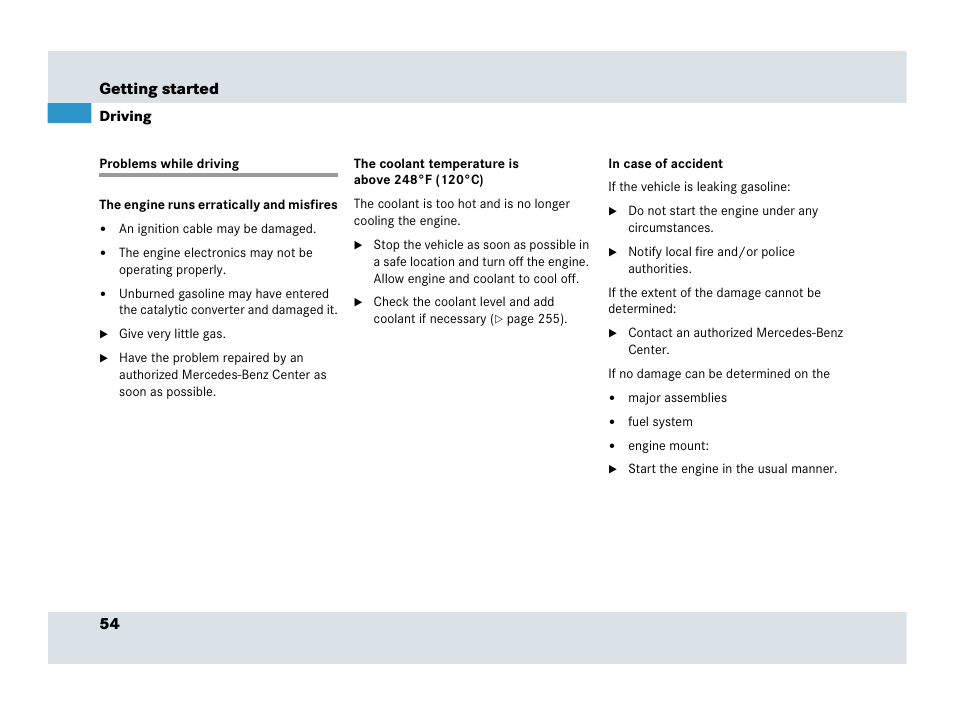 Problems while driving, 54 getting started | Mercedes-Benz SLR-Class 2007 User Manual | Page 55 / 425