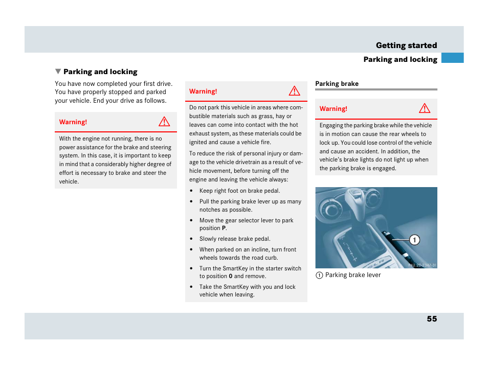 Parking, Parking and locking, Parking brake | Mercedes-Benz SLR-Class 2007 User Manual | Page 56 / 425