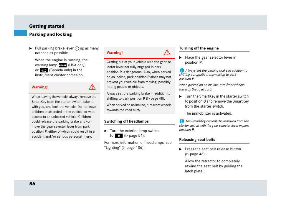 Switching off headlamps, Turning off the engine, Releasing seat belts | See “turning off the engine | Mercedes-Benz SLR-Class 2007 User Manual | Page 57 / 425