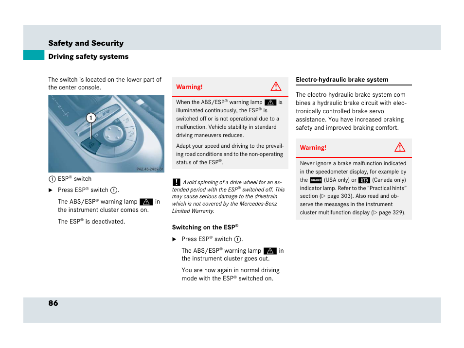 Electro-hydraulic brake system, 86 safety and security | Mercedes-Benz SLR-Class 2007 User Manual | Page 87 / 425