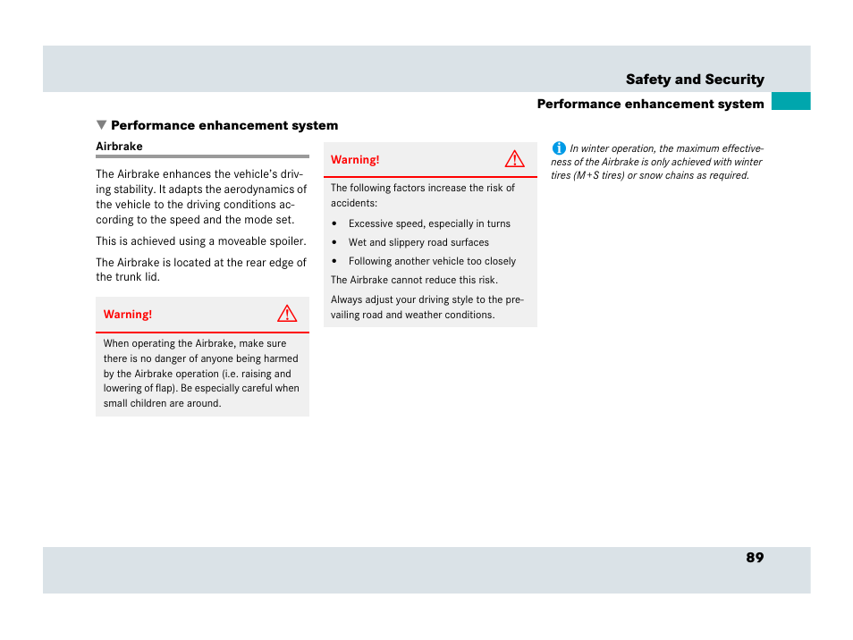 Airbrake, Performance enhancement system | Mercedes-Benz SLR-Class 2007 User Manual | Page 90 / 425