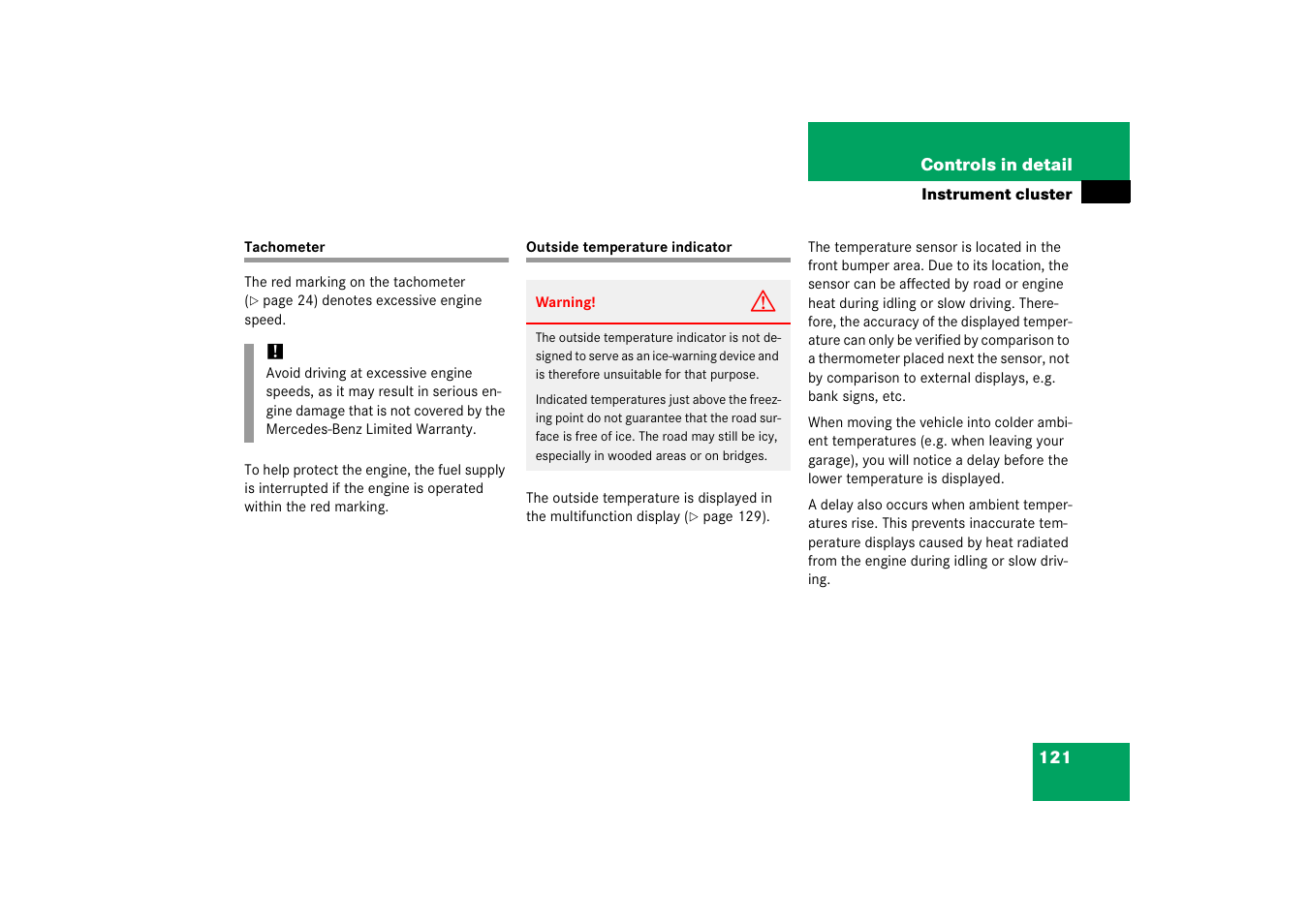 Tachometer, Outside temperature indicator, Tachometer outside temperature indicator | Mercedes-Benz SLK-Class 2006 Owners Manual User Manual | Page 122 / 481