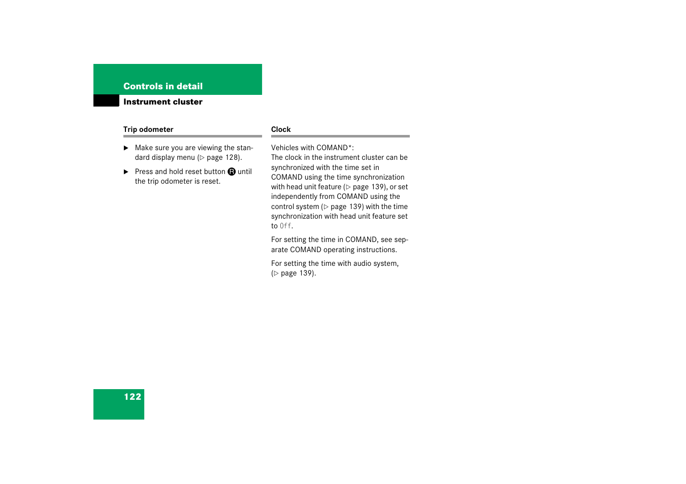 Resetting trip odometer, Clock, Trip odometer clock | Mercedes-Benz SLK-Class 2006 Owners Manual User Manual | Page 123 / 481