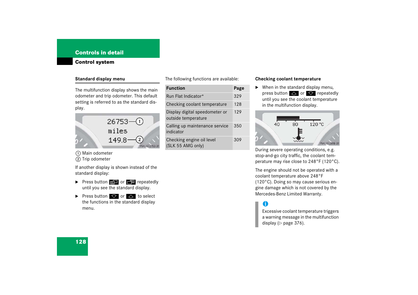 Menus:standard display, Standard display menu | Mercedes-Benz SLK-Class 2006 Owners Manual User Manual | Page 129 / 481