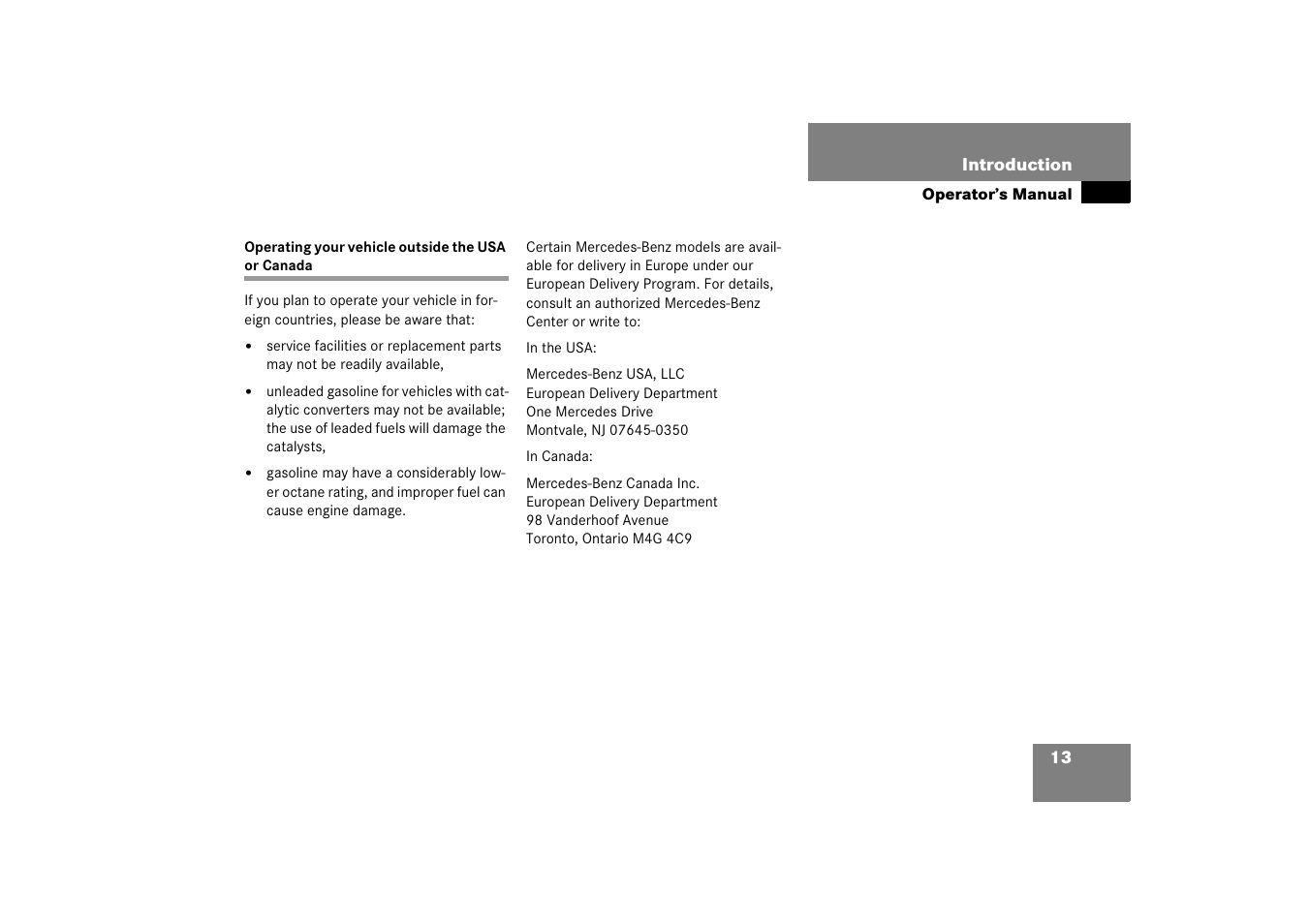 Operating vehicle outside the usa and canada, Operating your vehicle outside the usa or canada | Mercedes-Benz SLK-Class 2006 Owners Manual User Manual | Page 14 / 481