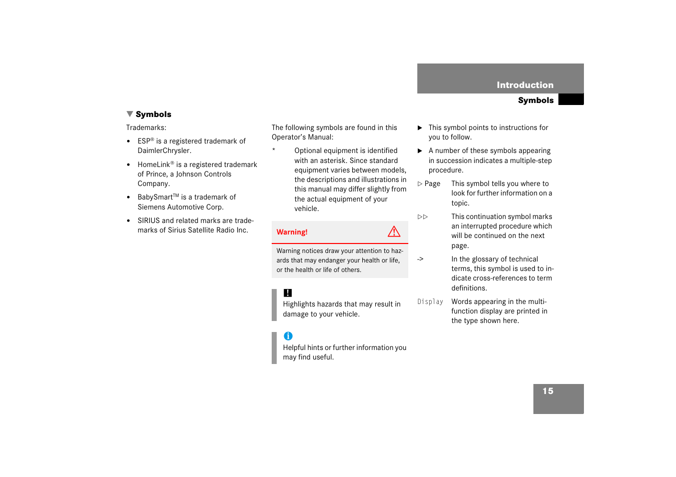 Symbols | Mercedes-Benz SLK-Class 2006 Owners Manual User Manual | Page 16 / 481