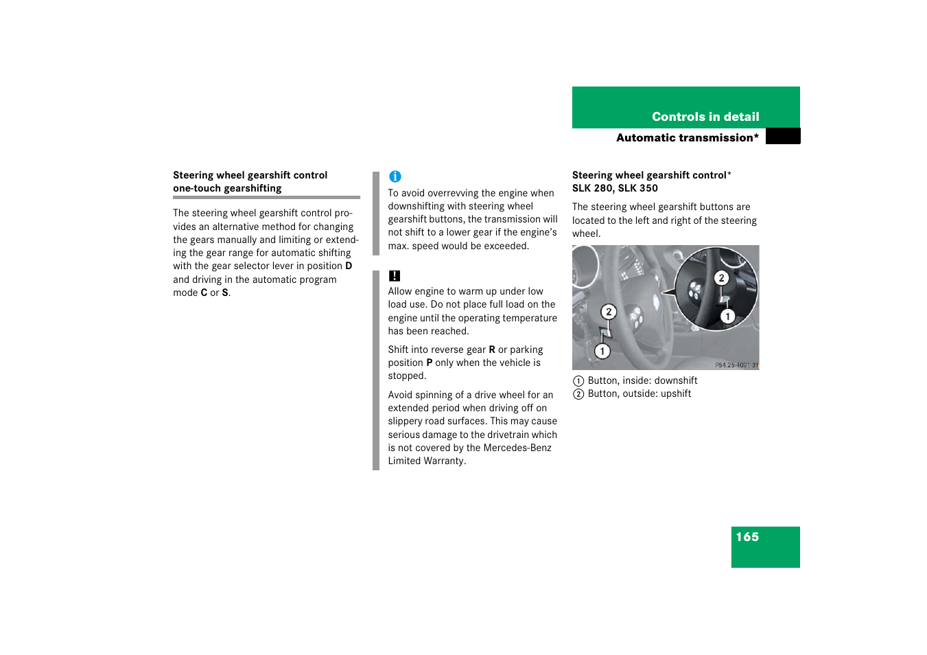 Steering wheel gearshift control | Mercedes-Benz SLK-Class 2006 Owners Manual User Manual | Page 166 / 481