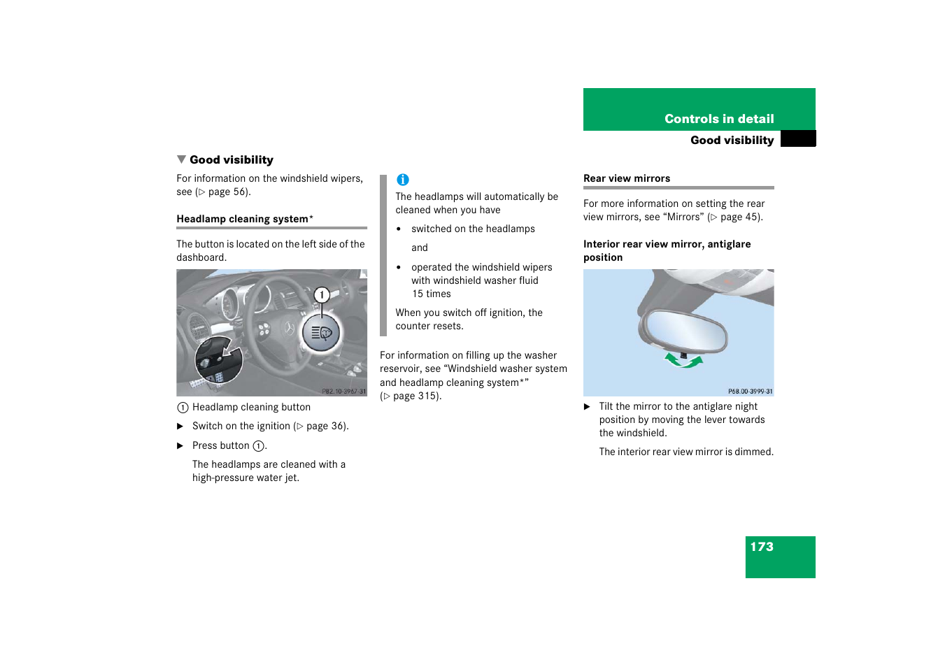 Good visibility, Headlamps:cleaning system, Headlamp cleaning system* rear view mirrors | Mercedes-Benz SLK-Class 2006 Owners Manual User Manual | Page 174 / 481