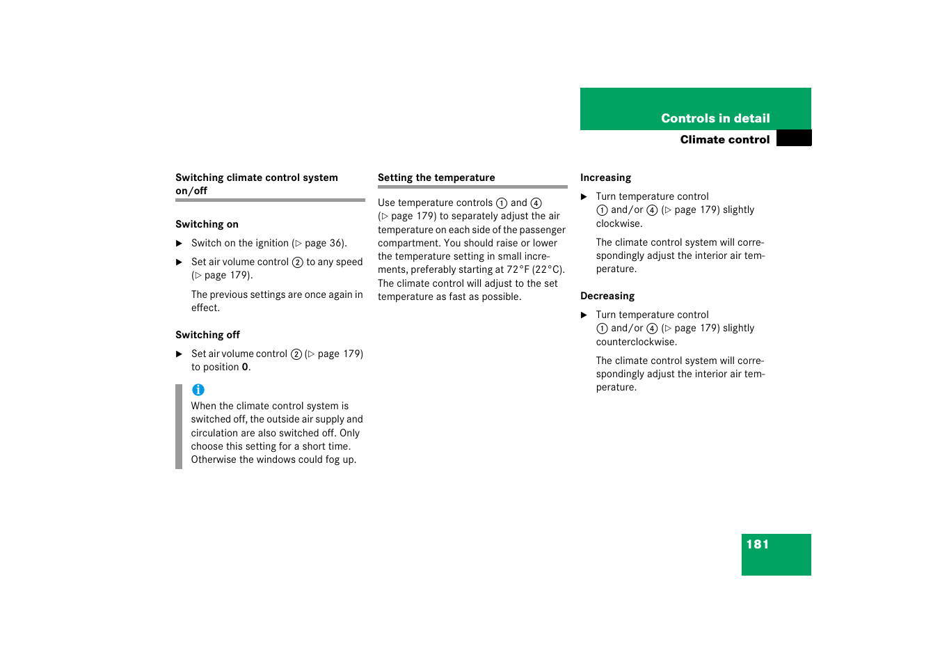 Climate control:switching on/off | Mercedes-Benz SLK-Class 2006 Owners Manual User Manual | Page 182 / 481