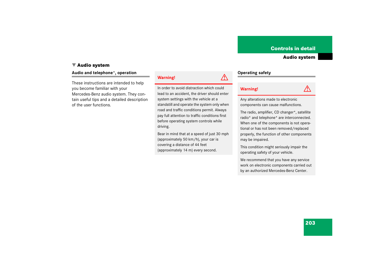 Audio system, Audio system:audio and telephone*, operation, Operating safety | Audio and telephone*, operation operating safety | Mercedes-Benz SLK-Class 2006 Owners Manual User Manual | Page 204 / 481
