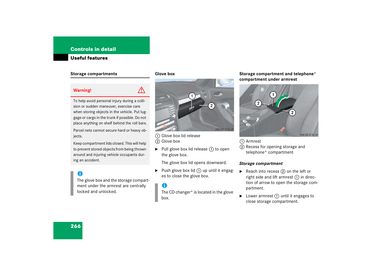 Usefull features, Storage compartments, Useful features | Mercedes-Benz SLK-Class 2006 Owners Manual User Manual | Page 267 / 481