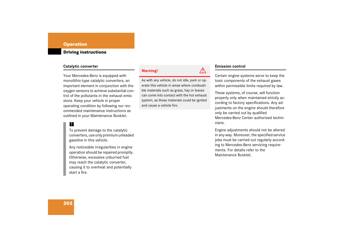 Catalytic converter, Emission control, Catalytic converter emission control | Mercedes-Benz SLK-Class 2006 Owners Manual User Manual | Page 303 / 481