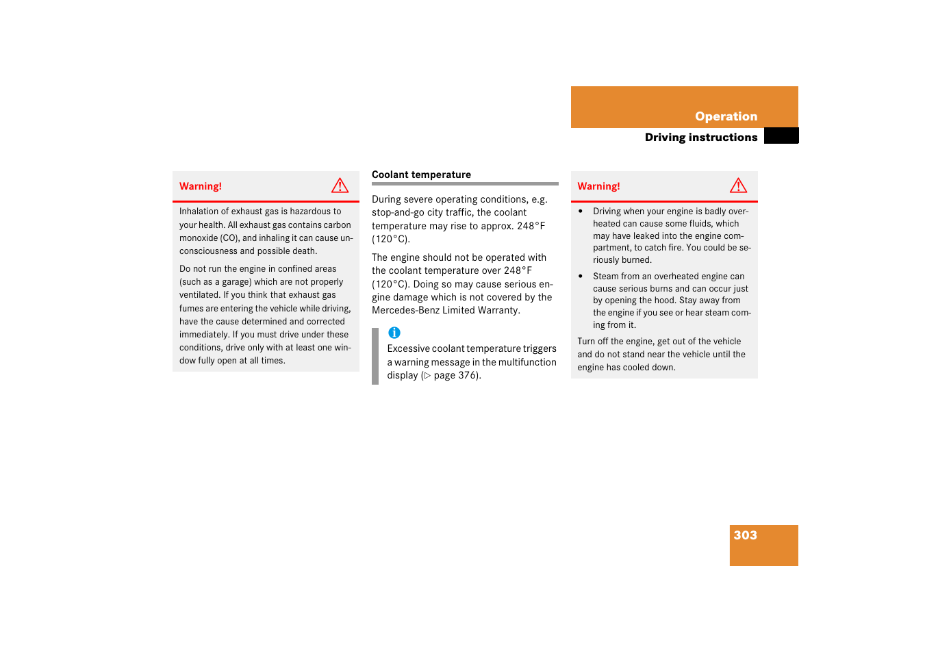 Coolant:temperature, Coolant temperature | Mercedes-Benz SLK-Class 2006 Owners Manual User Manual | Page 304 / 481