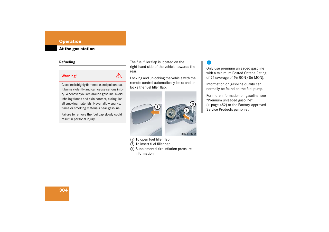 Refueling, At the gas station | Mercedes-Benz SLK-Class 2006 Owners Manual User Manual | Page 305 / 481