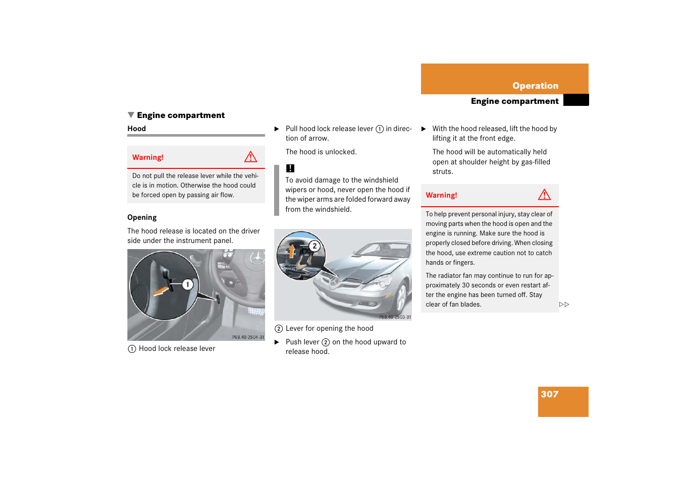 Engine:compartment, Hood, Engine compartment | Mercedes-Benz SLK-Class 2006 Owners Manual User Manual | Page 308 / 481