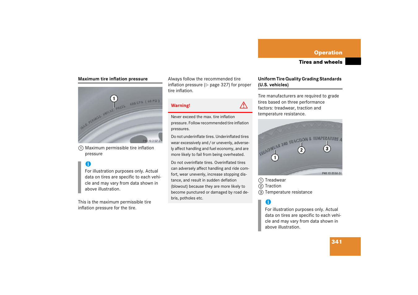 Maximum tire pressure, Uniform tire quality grading standards | Mercedes-Benz SLK-Class 2006 Owners Manual User Manual | Page 342 / 481