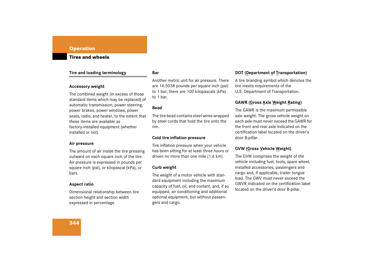 Tire terminology, Tire and loading terminology | Mercedes-Benz SLK-Class 2006 Owners Manual User Manual | Page 345 / 481