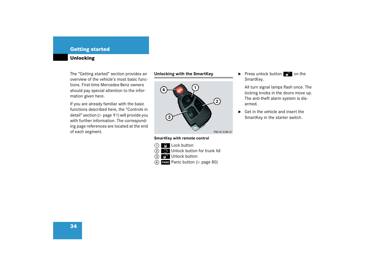 Unlocking, Unlocking:with smartkey, Unlocking with the smartkey | Mercedes-Benz SLK-Class 2006 Owners Manual User Manual | Page 35 / 481