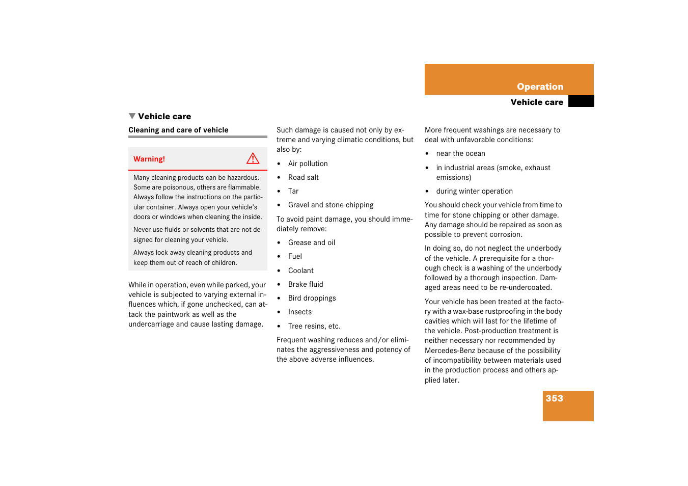 Vehicle care, Cleaning and care of vehicle | Mercedes-Benz SLK-Class 2006 Owners Manual User Manual | Page 354 / 481