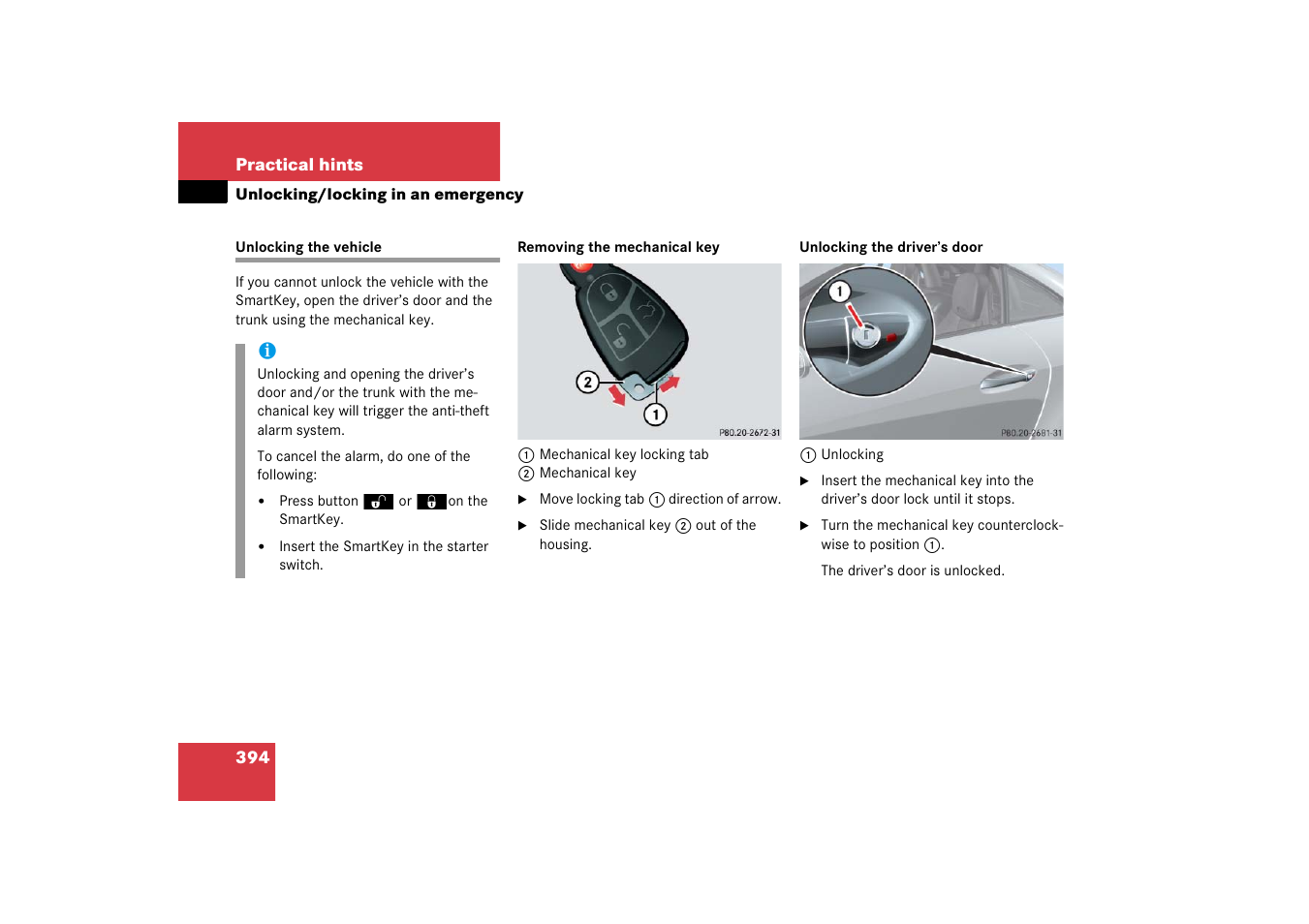 Unlocking/locking in an emergency, Emergency operations:unlocking/locking the vehicle, Unlocking the vehicle | Mercedes-Benz SLK-Class 2006 Owners Manual User Manual | Page 395 / 481