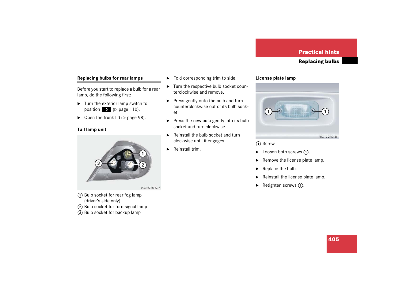 Replacing bulbs for rear lamps | Mercedes-Benz SLK-Class 2006 Owners Manual User Manual | Page 406 / 481