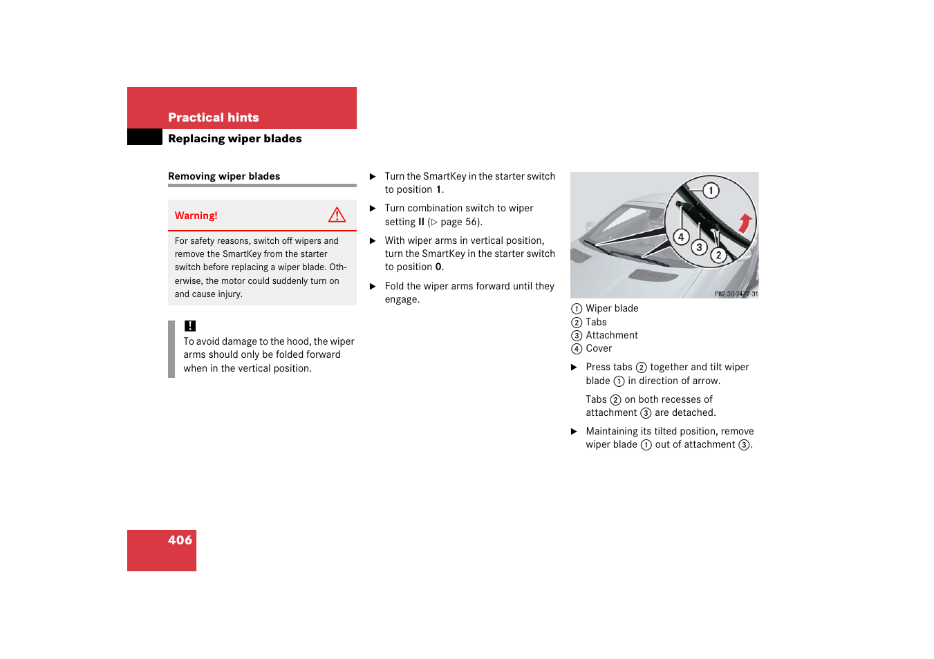 Windshield wipers:replacing wiper blades, Removing wiper blades, Replacing wiper blades | Mercedes-Benz SLK-Class 2006 Owners Manual User Manual | Page 407 / 481