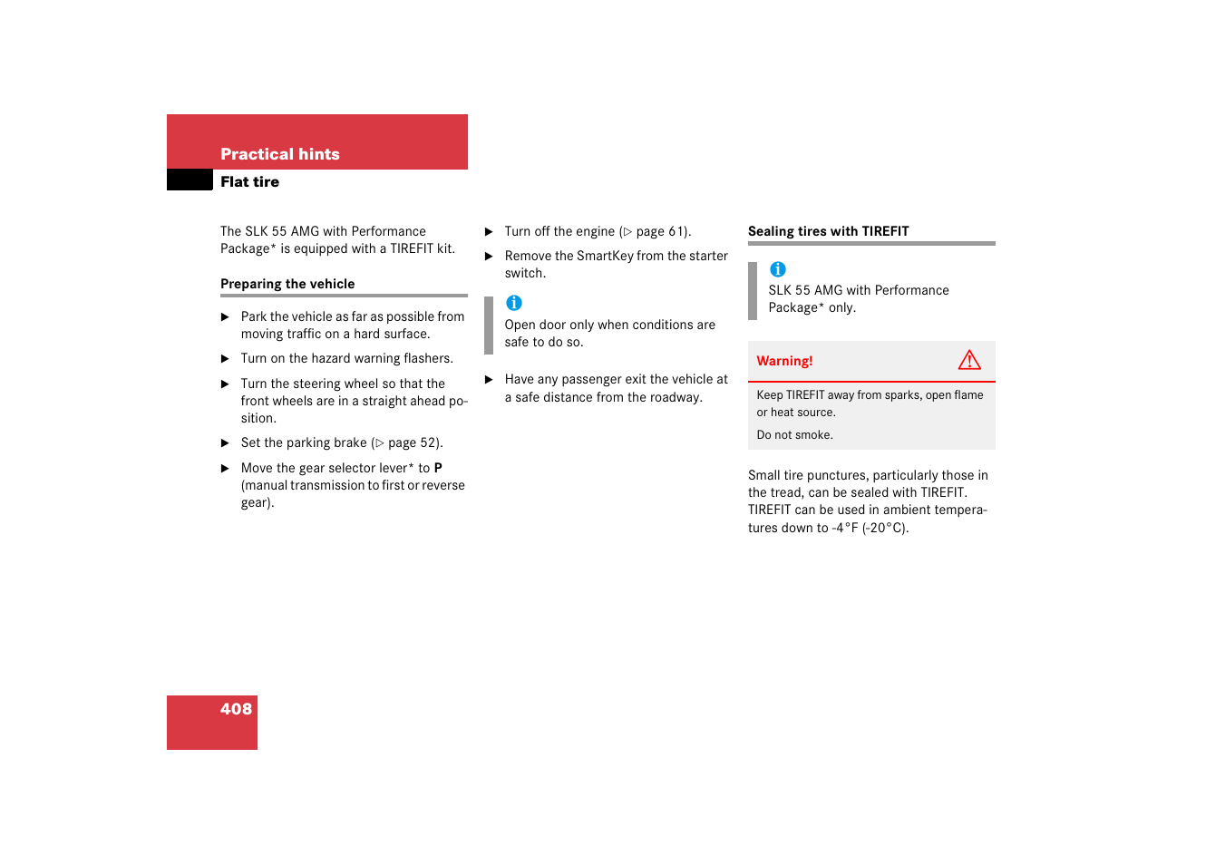 Flat tire, Tirefit*:instructions for use, Preparing the vehicle sealing tires with tirefit | Mercedes-Benz SLK-Class 2006 Owners Manual User Manual | Page 409 / 481